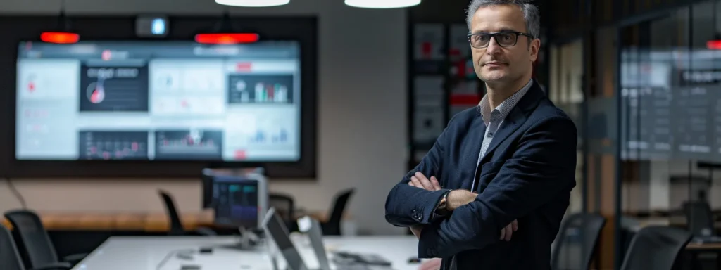 a confident business professional stands in a modern office, engaging in a dynamic discussion with colleagues around a sleek conference table, showcasing various digital strategies on a large screen to establish authority and attract customers.
