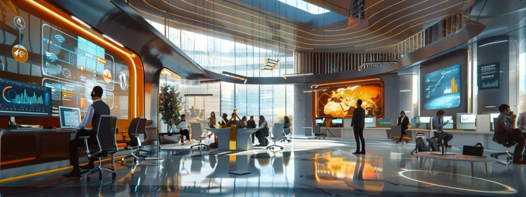 a dynamic office environment showcases a team engaged in a vibrant brainstorming session, surrounded by sleek technology and visual displays, radiating an atmosphere of innovation and customer-centric collaboration.