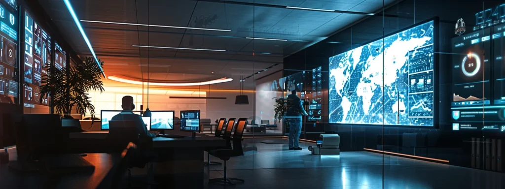 a dynamic office scene features a digital marketing consultant presenting an engaging slideshow of compelling customer testimonials and vibrant case studies on a sleek screen, with industry awards and data visualisations prominently displayed around the modern workspace.