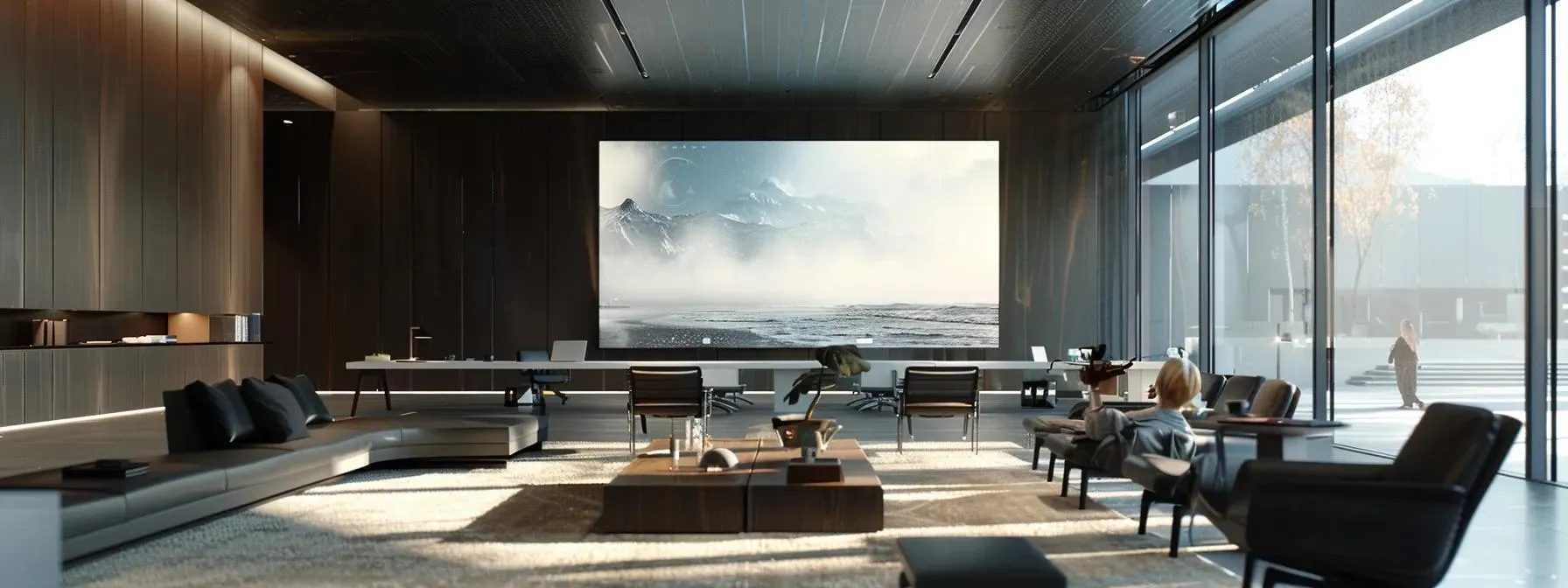 a dynamic team meeting in a sleek, modern office setting, where diverse professionals engage in a lively discussion around a digital content brief displayed on a large screen, embodying collaboration and iterative improvement through constructive feedback.