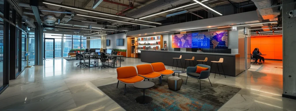 a dynamic urban office setting showcases a confident professional engaging in a lively discussion with a journalist, surrounded by sleek technology and industry publications, embodying the power of strategic outreach to amplify brand presence.