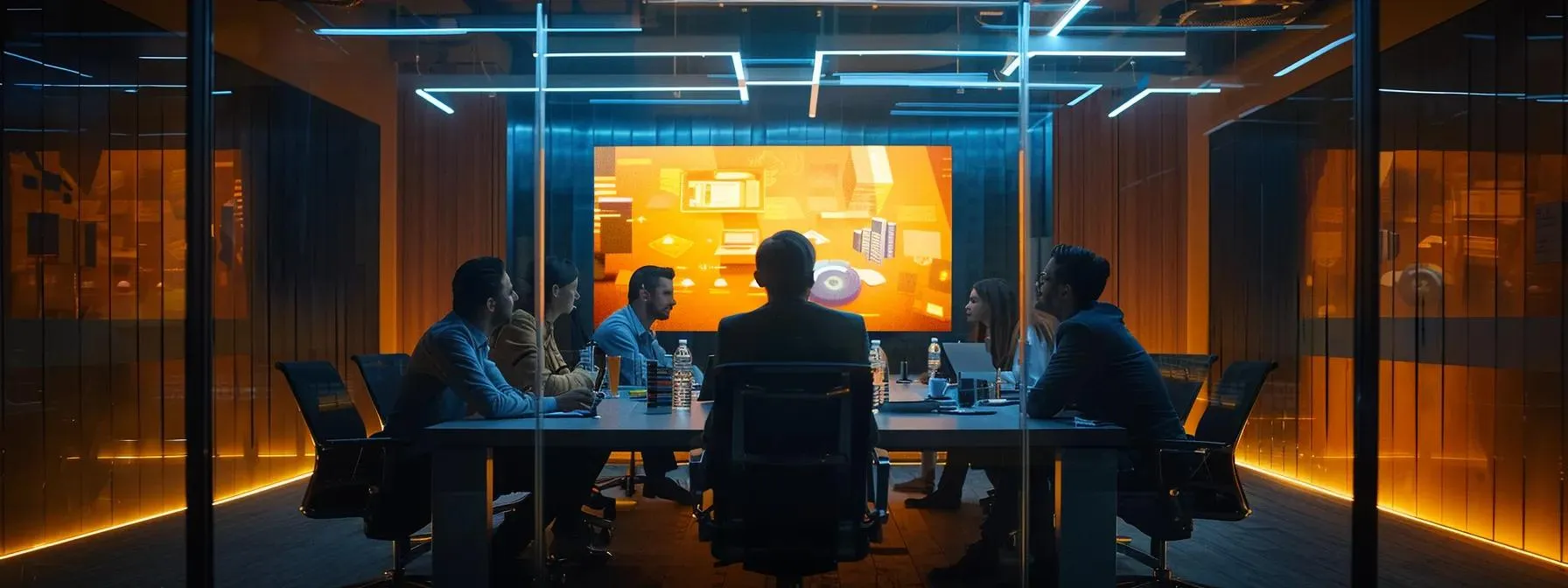a focused team brainstorming around a sleek, modern conference table, illuminated by warm overhead lighting, with a digital display showcasing a detailed content brief that outlines clear goals and target audience insights, reflecting the strategic importance of cohesive content creation.
