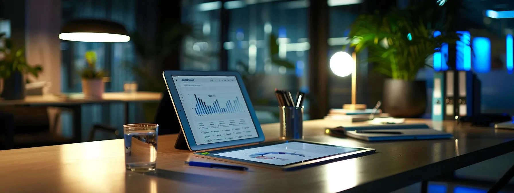 a modern office workspace features a sleek, streamlined desk adorned with a vibrant content brief template displayed on a digital tablet, illuminated by soft, focused lighting that highlights a collaborative atmosphere among creative team members engaged in dynamic discussion.