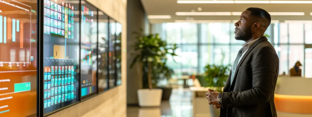 a sleek, modern office space features a well-dressed professional examining a vibrant digital display of dynamic pricing strategies, conveying the essence of informed decision-making and maximising value in purchasing.