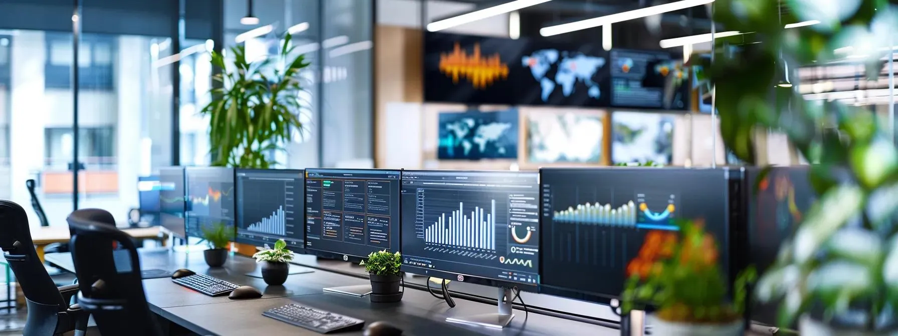 a sleek, modern office workspace showcases an array of vibrant infographics and videos displayed on multiple screens, highlighting the integration of visual and multimedia assets in a content strategy.
