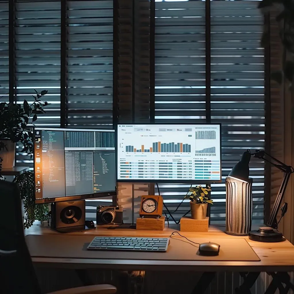 a focused office environment showcases a meticulously organized desk with dual monitors displaying detailed seo audit reports and analytics, illuminated by soft, focused lighting that highlights the strategic importance of optimizing a wordpress platform.