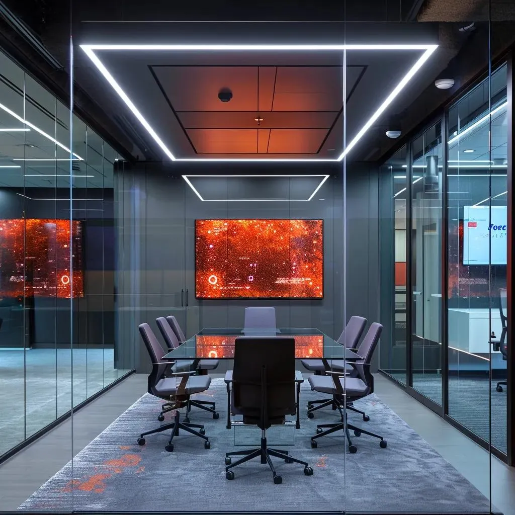 a sleek, modern office environment features a clear glass conference room with a prominent digital display showcasing a testing post slug interface, illuminating the space with a vibrant glow against minimalist decor.