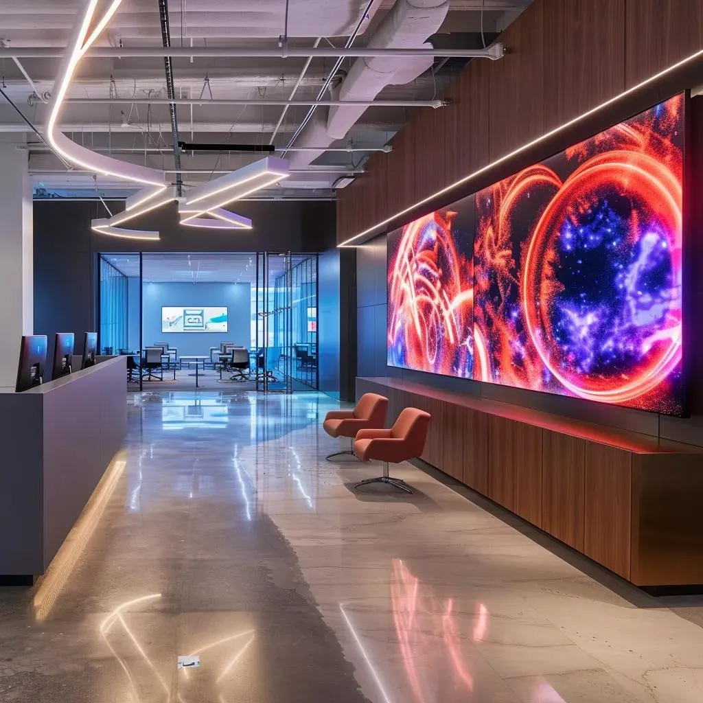 a sleek modern office with a large digital screen displaying a vibrant graphic of a new post notification, illuminated by dynamic led lighting to emphasize a cutting-edge, tech-savvy atmosphere.
