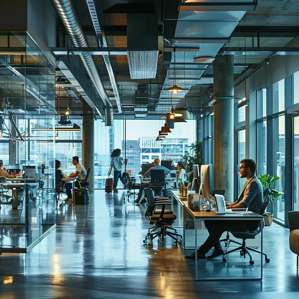 a vibrant, modern office space buzzes with activity as sleek technology and collaborative workspaces stimulate innovation and engagement among professionals.