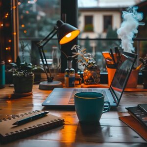 a vibrant office workspace with an inviting laptop open to a blogging platform, complemented by a steaming coffee cup and a colorful notepad, exuding a sense of creativity and confidence for aspiring bloggers.