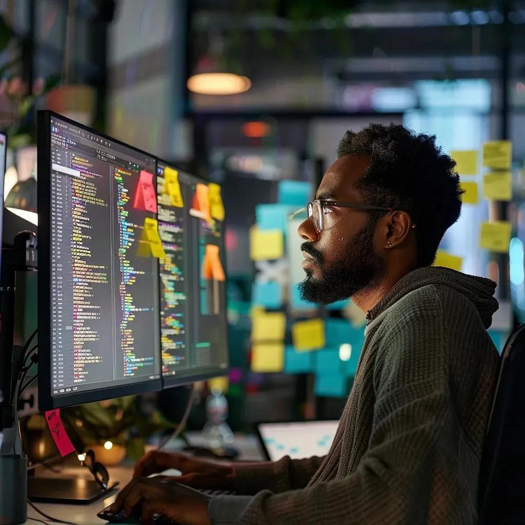 a focused software developer reviews detailed code on a dual-screen setup, surrounded by vibrant sticky notes and industry-themed decor in a sleek, modern office space, embodying the expertise of using the php code sniffer tool effectively.