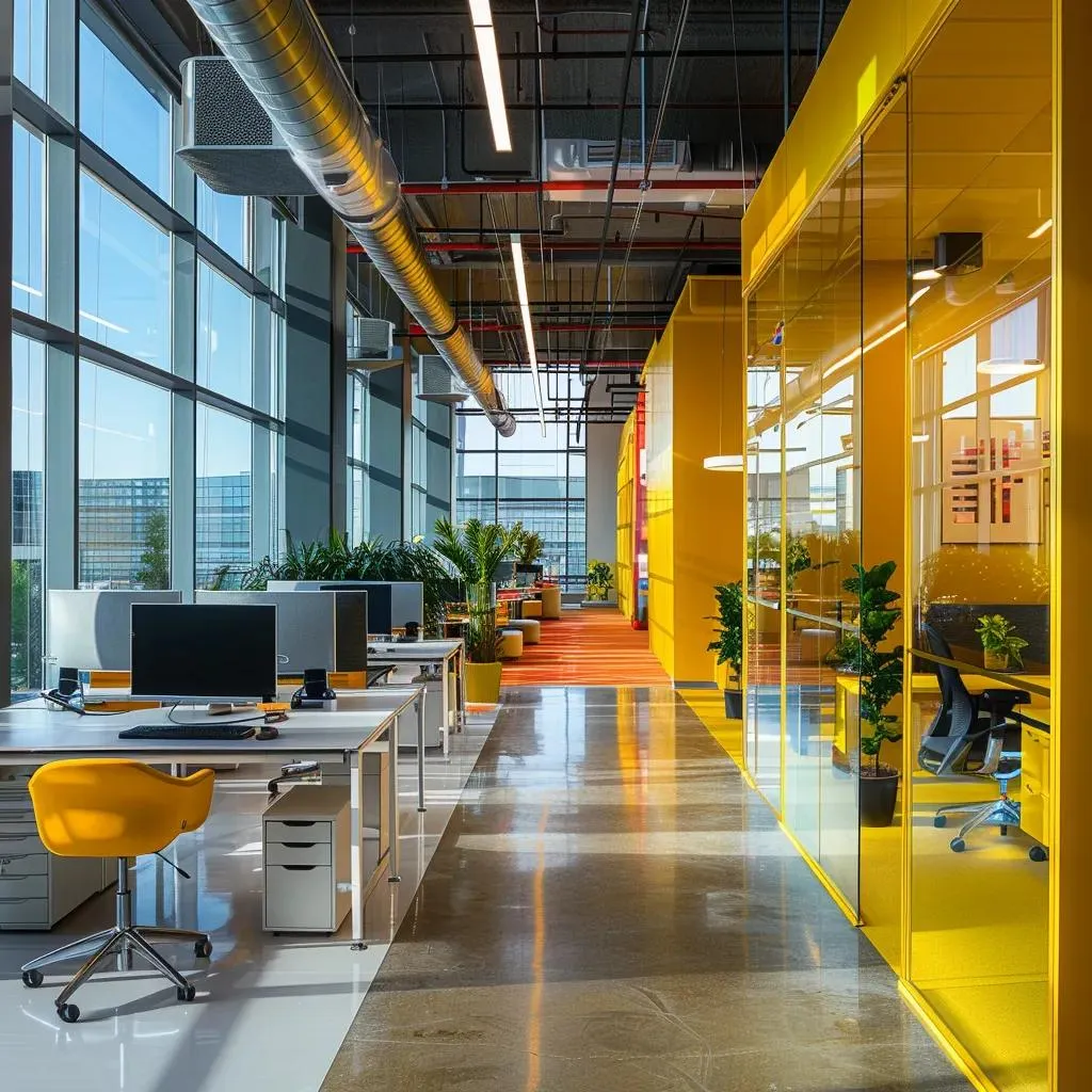 a striking urban office interior showcases a sleek, modern workspace filled with high-tech equipment and colorful decorative elements, emphasizing a vibrant and dynamic professional atmosphere.