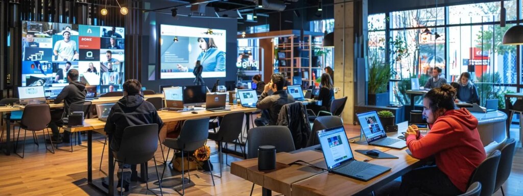 a dynamic co-working space filled with engaged digital nomads collaborating around laptops, vibrant screens displaying webinars and forums, creating an atmosphere of innovation and community support.