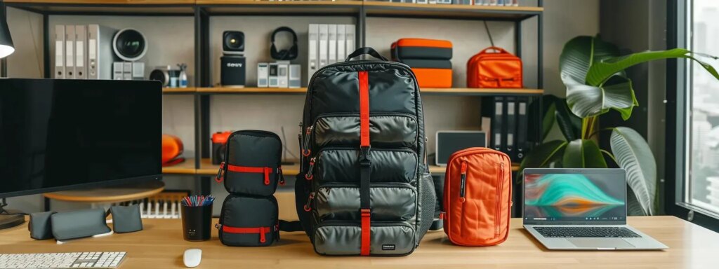 a meticulously organized anti-theft backpack sits on a sleek office desk, showcasing neatly arranged padded sleeves for a laptop and portable monitor, vibrant packing cubes for gadgets, and color-coded pouches for cables, all under bright, focused studio lighting that highlights the efficiency and practicality of the digital nomad starter kit.