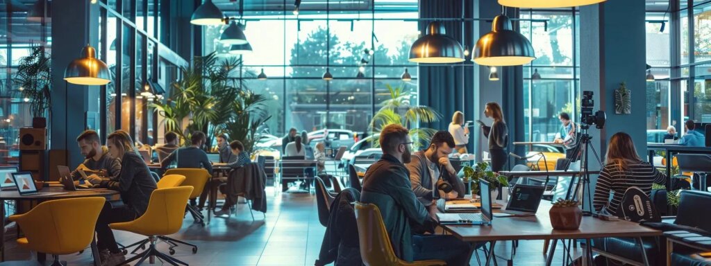 a modern, bustling co-working space filled with diverse remote workers engaged in problem-solving discussions, surrounded by sleek tech gadgets and organized workstations that symbolize overcoming common challenges in remote work.