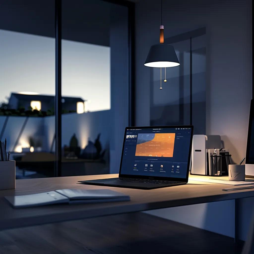 a modern office workspace features a sleek laptop displaying the wordpress dashboard, illuminated by soft desk lighting, with visual elements highlighting the permalink settings interface on the screen.