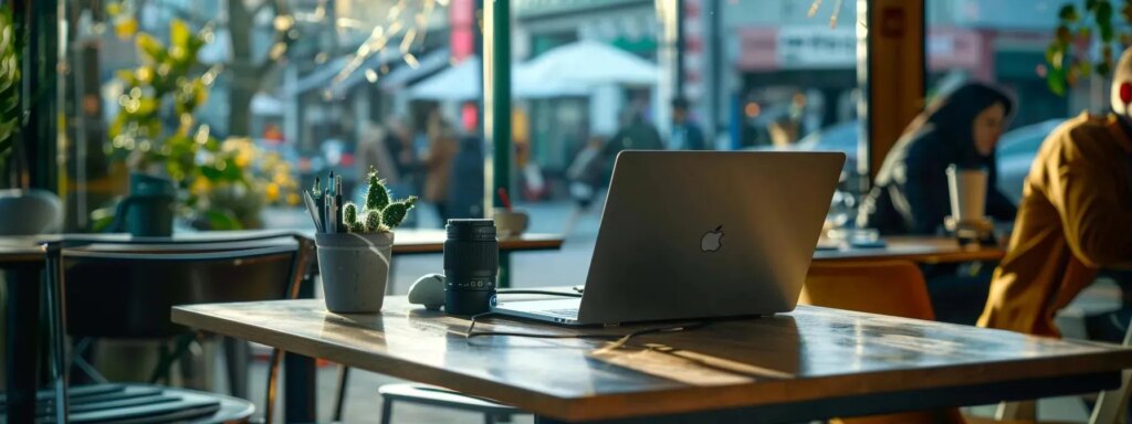 a modern travel workspace featuring a sleek laptop, a compact high-capacity power bank, and a universal travel adapter, all set against a backdrop of a bustling urban cafe with travelers engaging on devices, capturing the essence of staying connected and powered while on the go.