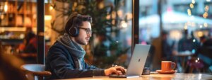 a professional setting featuring a focused individual wearing sleek noise-canceling headphones, immersed in a video conference on a laptop, while a compact travel router sits prominently on a modern desk, conveying the essence of connectivity and concentration amid a bustling coffee shop atmosphere.