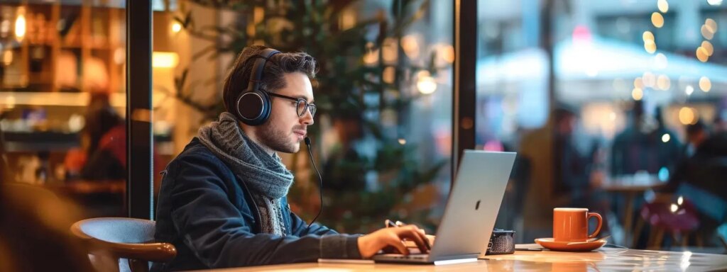 a professional setting featuring a focused individual wearing sleek noise-canceling headphones, immersed in a video conference on a laptop, while a compact travel router sits prominently on a modern desk, conveying the essence of connectivity and concentration amid a bustling coffee shop atmosphere.
