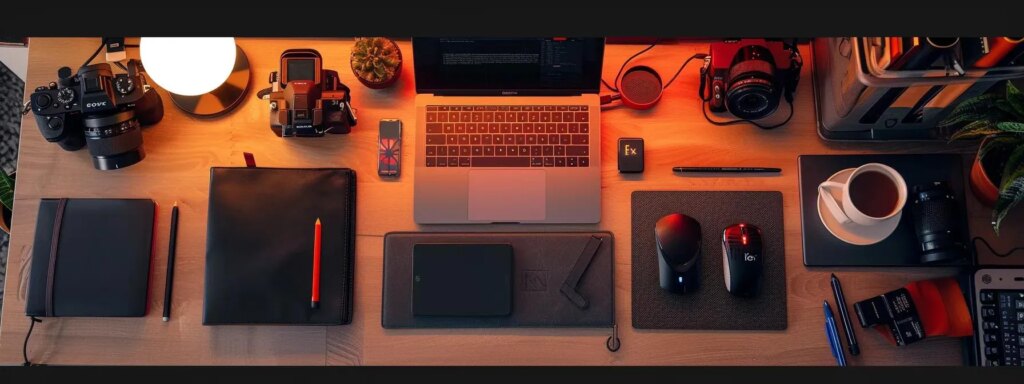 a sleek and modern workspace features a stylish digital nomad starter kit laid out on a polished desk, showcasing essential gadgets and tools for efficient remote work and travel in a vibrant urban office setting.