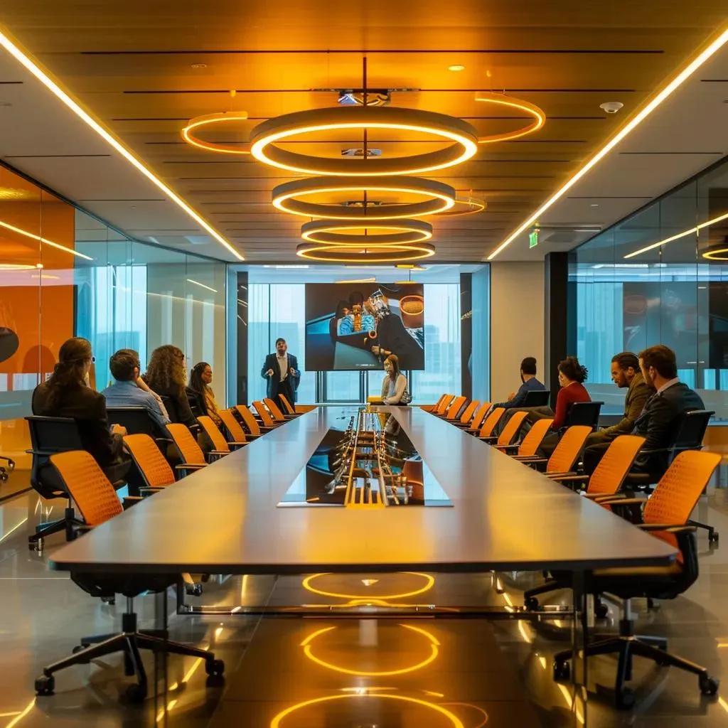 a sleek, modern office with a large conference table surrounded by engaged professionals, eagerly analyzing an eye-catching case study presentation projected onto a screen, highlighting its significance for businesses.