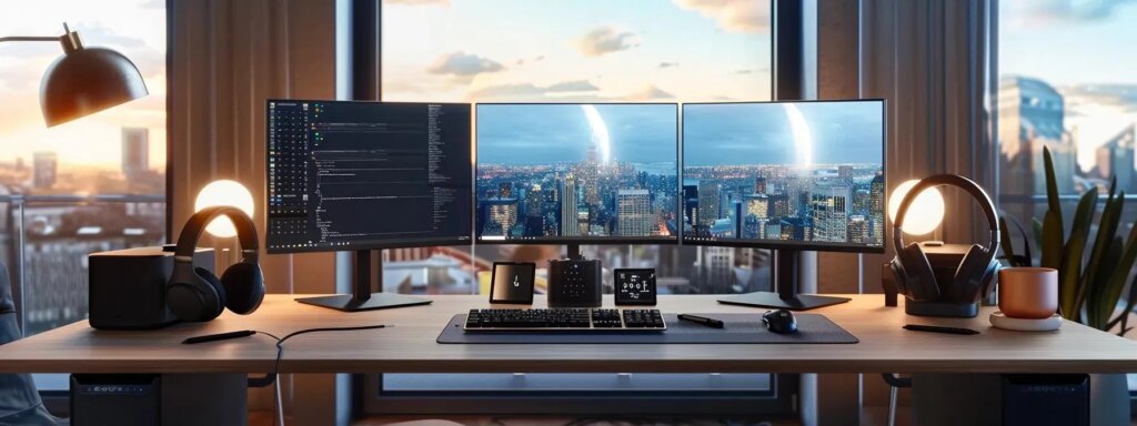 a sleek, modern workspace features a dual-screen setup with portable monitors, ergonomic accessories, and noise-canceling headphones, all set against the backdrop of a stylish urban office, highlighting the essence of optimized remote work on the go.