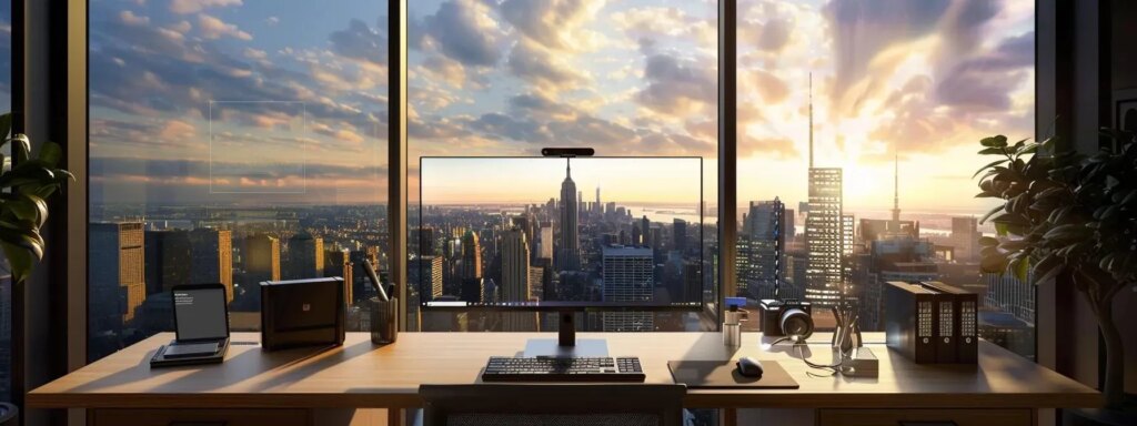 a sleek, modern workspace features a high-performance laptop, ergonomic accessories, and a vibrant touch-screen monitor, all set against a backdrop of a stylish urban office with large windows showcasing a city skyline.