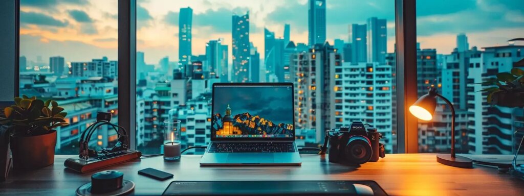 a sleek, modern workspace showcases a digital nomad starter kit, featuring organized tech gear, efficient tools, and a compact travel setup against a vibrant urban backdrop, emphasizing productivity and travel readiness.
