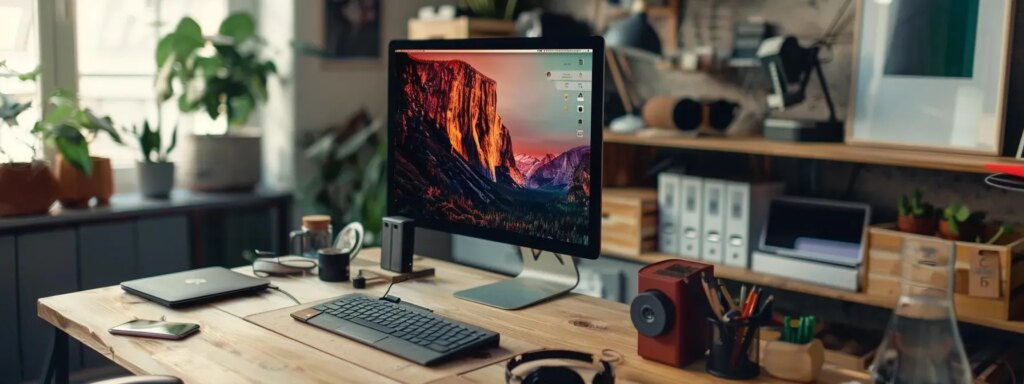 a sleek modern workstation featuring a high-performance laptop, portable monitor, ergonomic accessories, and organized tech gadgets, all set against a minimalist urban office backdrop, conveying the essence of a digital nomad's essential toolkit for remote work and travel.