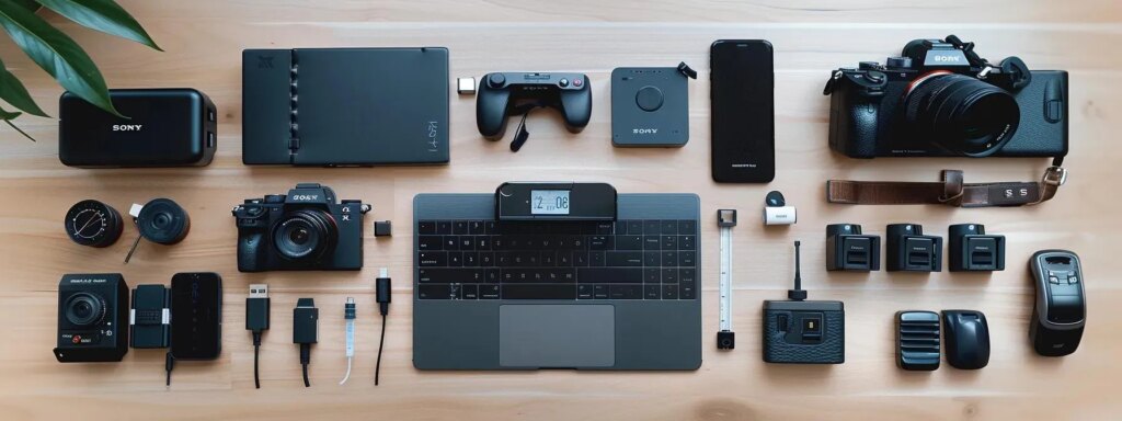 an organized travel starter kit, featuring sleek and compact components like power adapters and routers, laid out on a polished office desk, showcasing a modern workspace ready for digital nomads preparing for seamless travel.