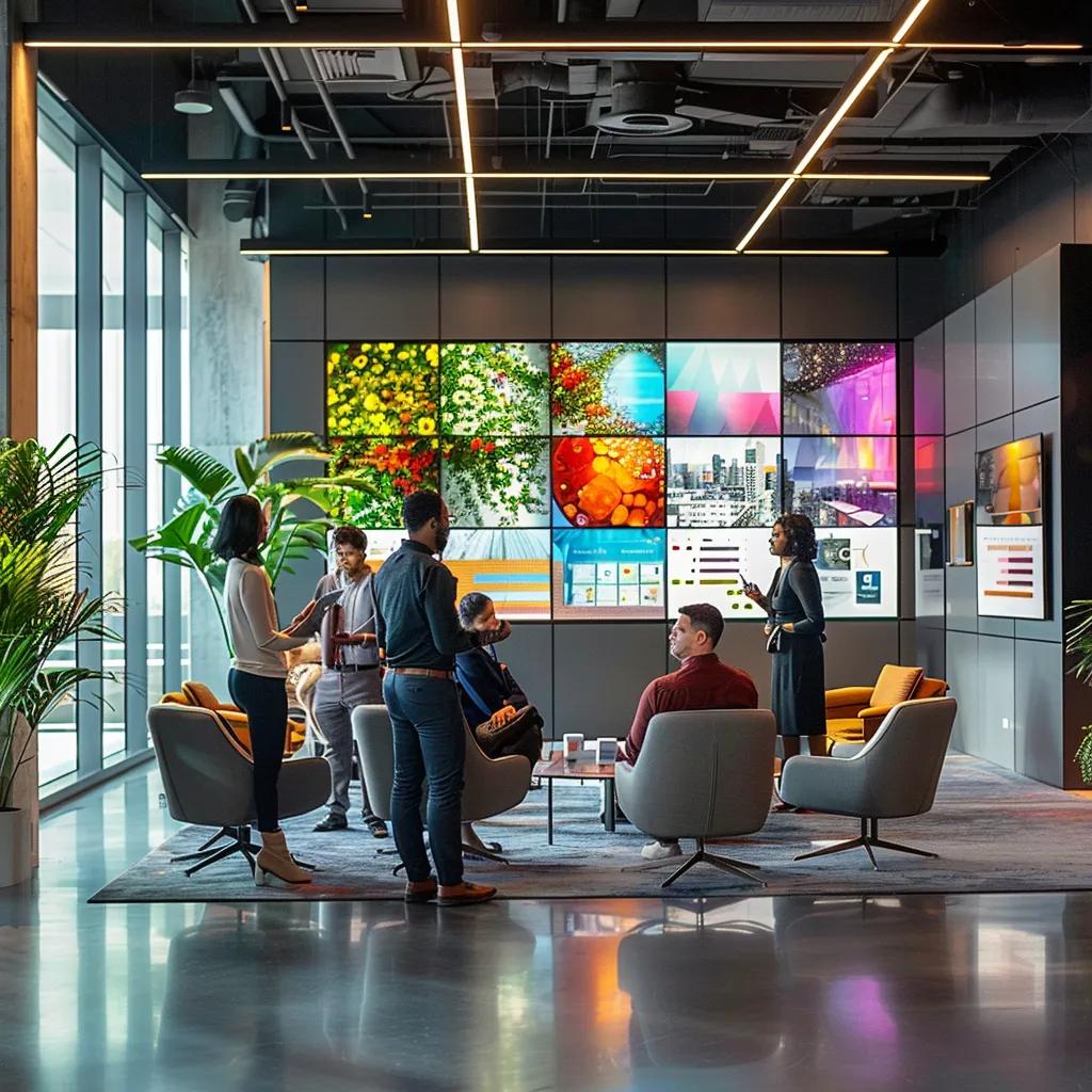 a vibrant office environment showcases a diverse team engaging with various striking, colorful graphics on digital screens, illustrating the powerful impact of visual content on article attraction.