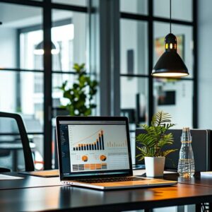 a modern office workspace features a sleek laptop displaying a visually striking infographic that clearly illustrates the key differences between h1 and h2 tags, with bold typography and vibrant colors capturing attention.