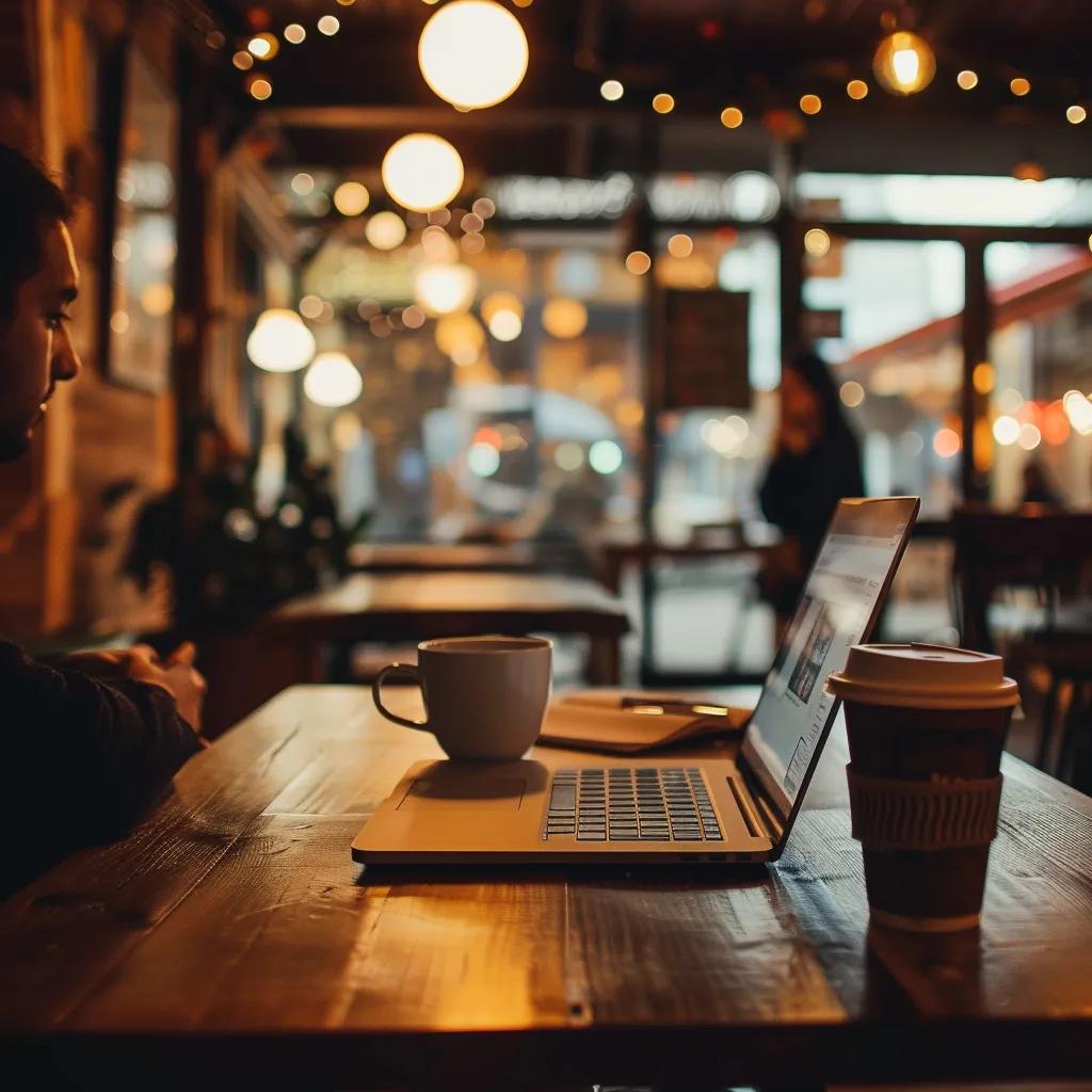 Person using a laptop in a café, illustrating AI tools for content creation and writing assistance