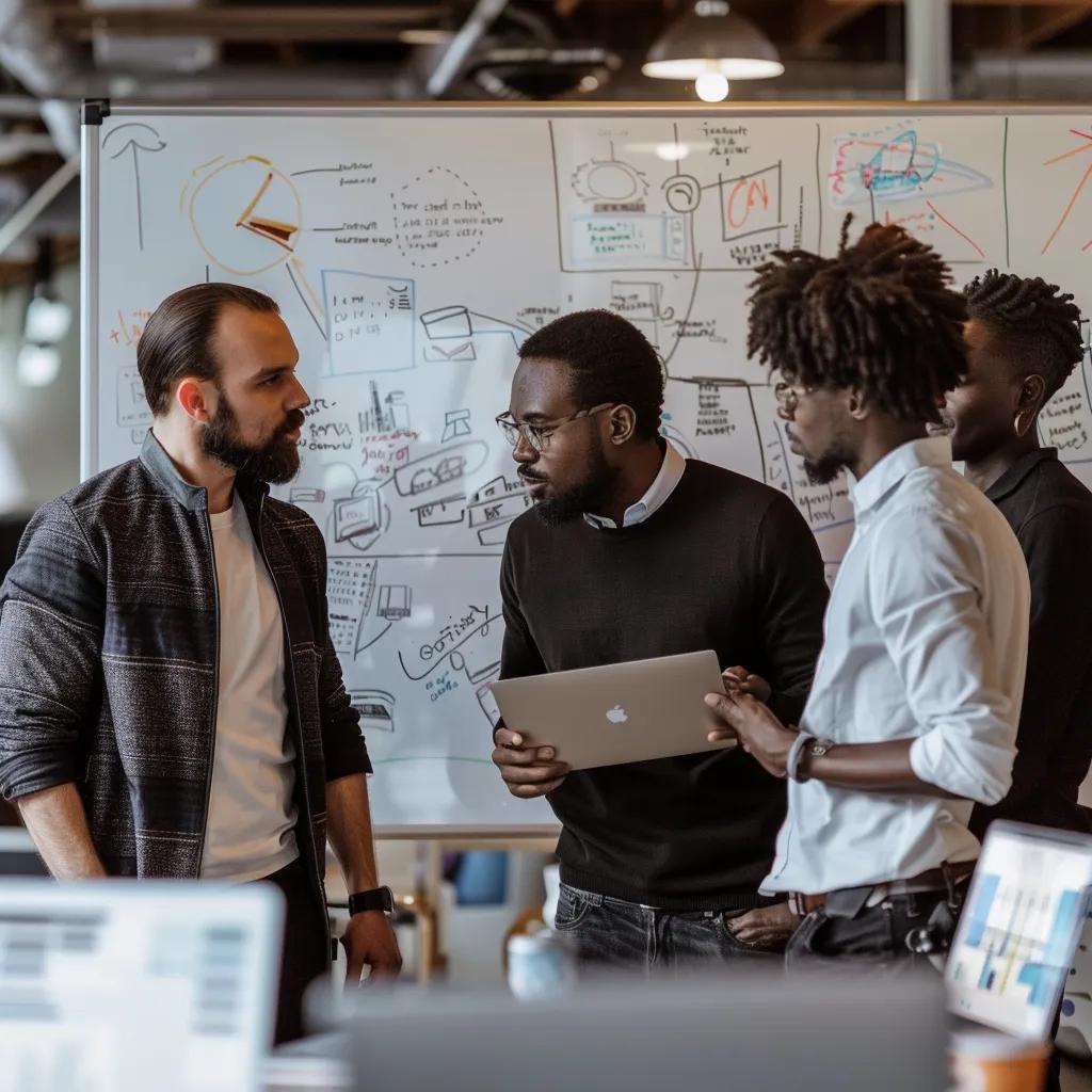 Team collaborating on project management strategies, showcasing AI tools in a modern office