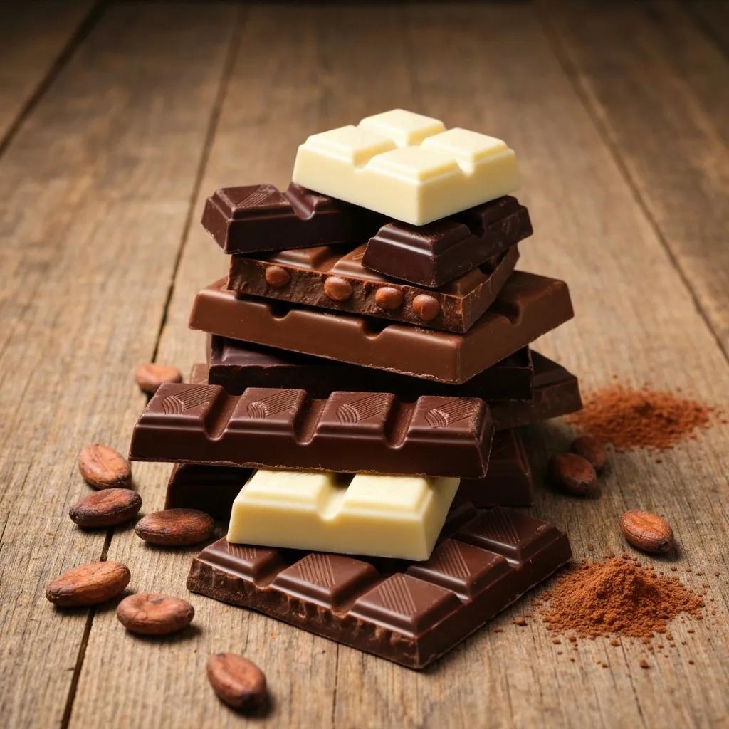 Assorted dark, milk, and white chocolate pieces on a wooden table with cocoa beans and powder