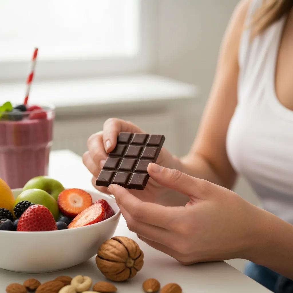 Person enjoying dark chocolate surrounded by fresh fruits and nuts in a bright setting