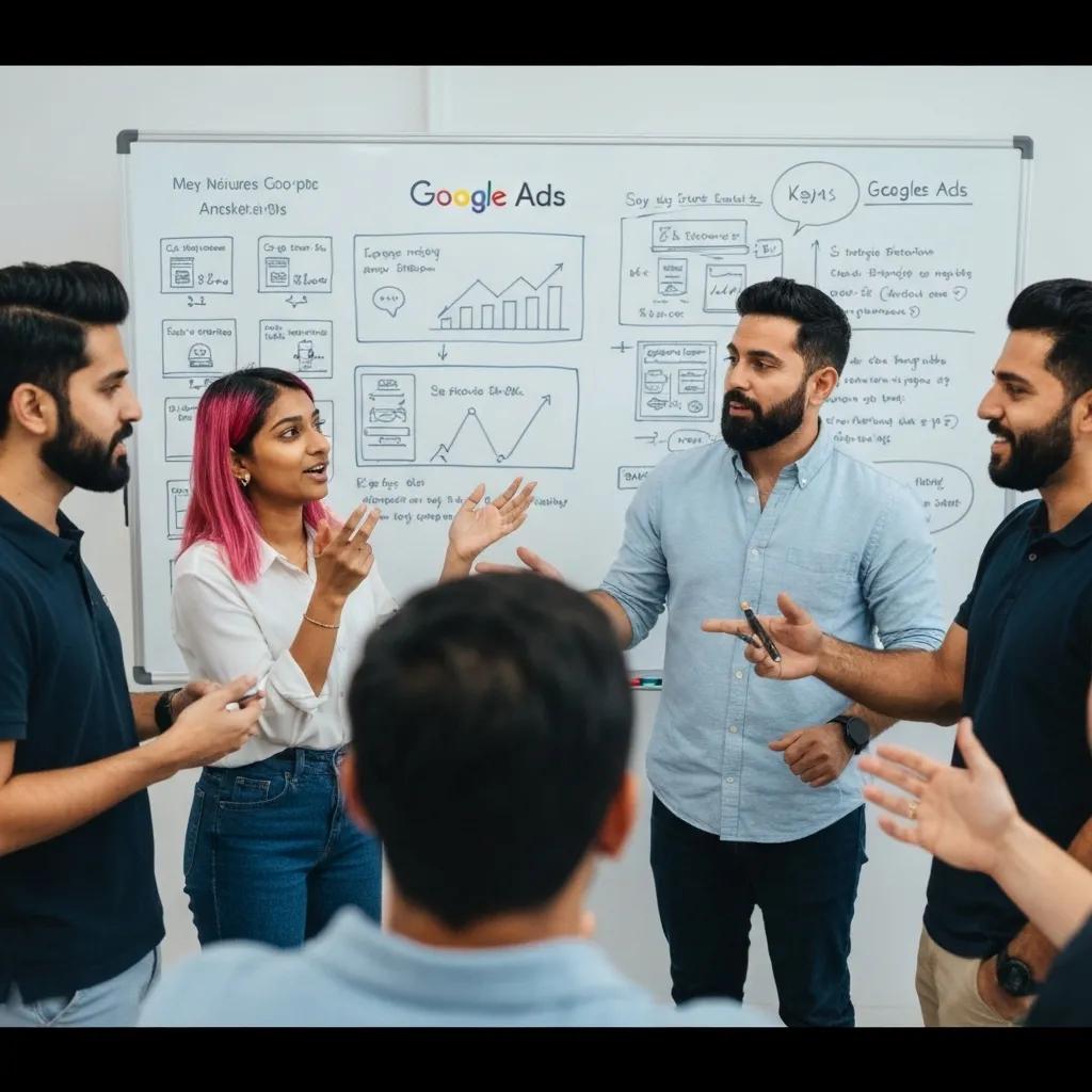 Digital marketing team collaborating on Google Ads strategies, with a whiteboard displaying ad copy and metrics