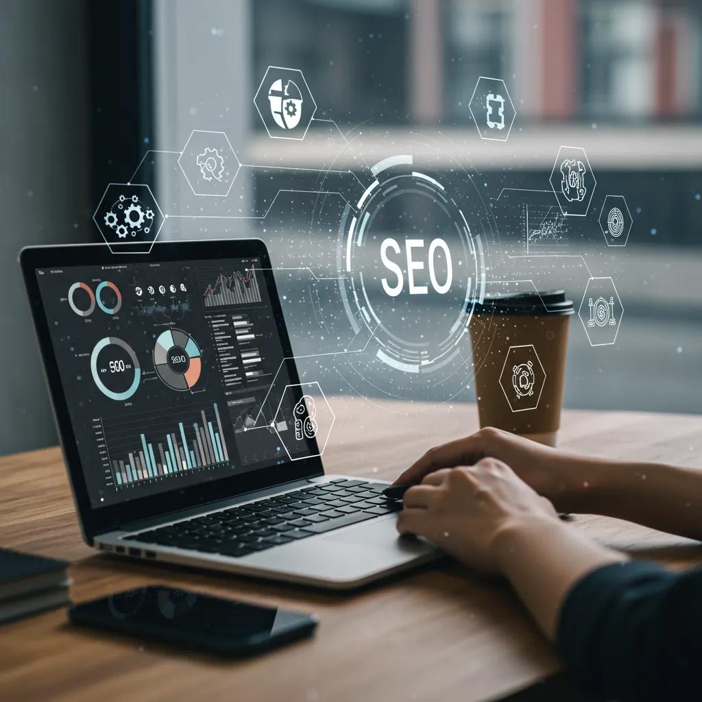 Modern workspace with a laptop showing SEO analytics and AI elements, representing automation in digital marketing