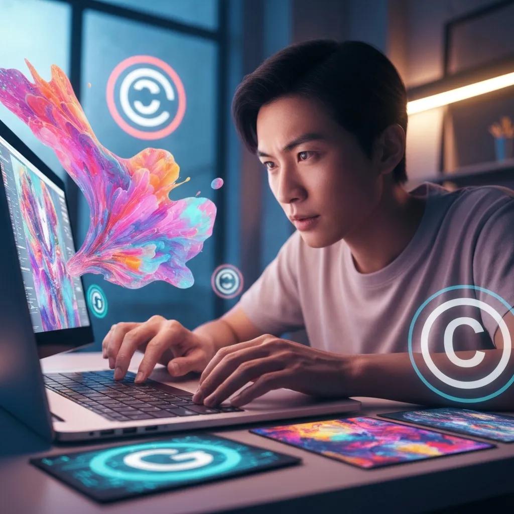 Digital artist creating AI-generated art with copyright symbols in a modern workspace