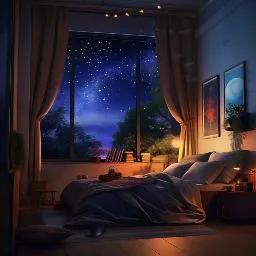 Cozy bedroom with soft lighting and a starry night sky, evoking warmth and calmness