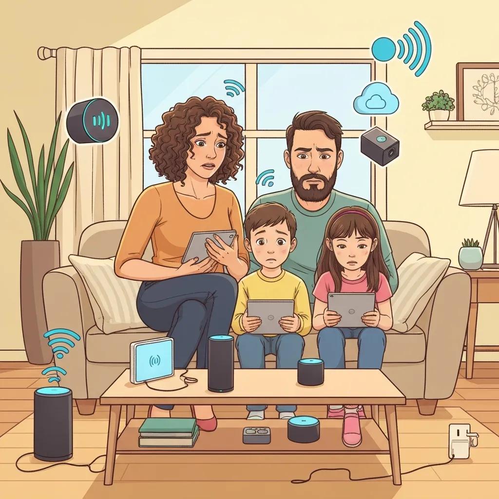 A family discussing privacy concerns about always‑listening smart home devices