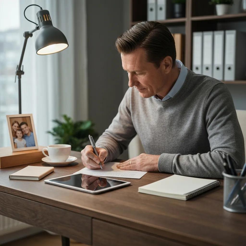 Person calmly drafting a digital will at a desk