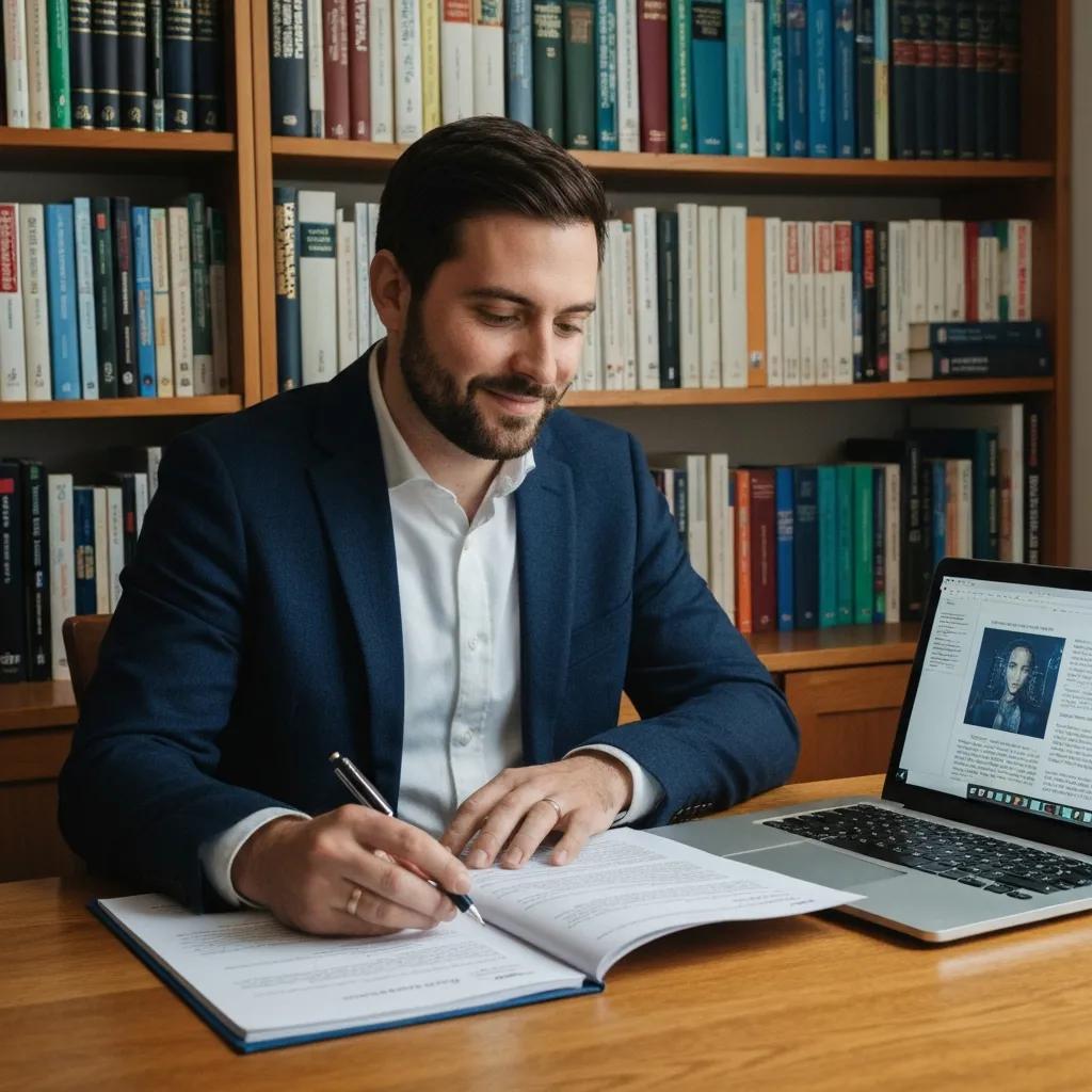 Person reviewing copyright papers and AI output on a laptop in a home office