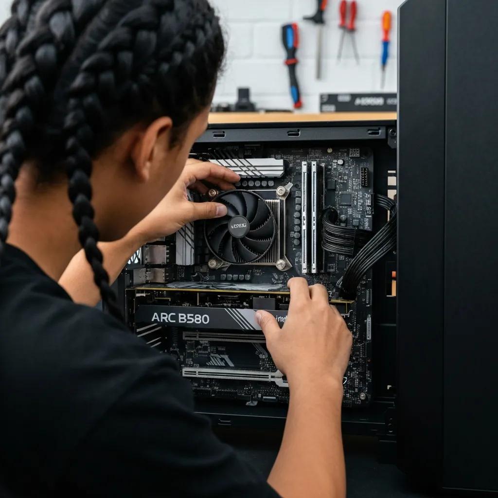 A person carefully installing an Intel Arc B580 graphics card into a PC case, set against a backdrop of a tidy and organized workspace.