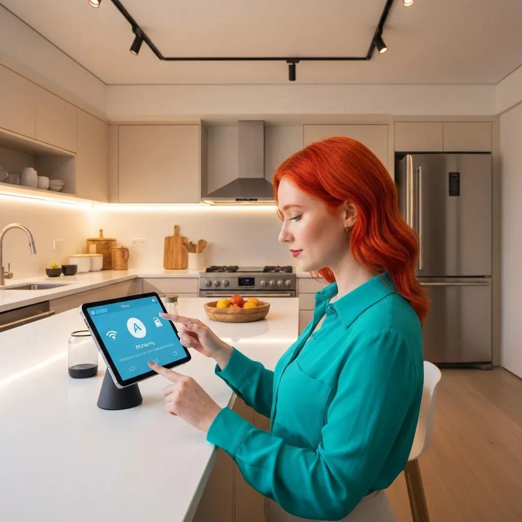 Someone adjusting privacy settings on a smart device in a kitchen