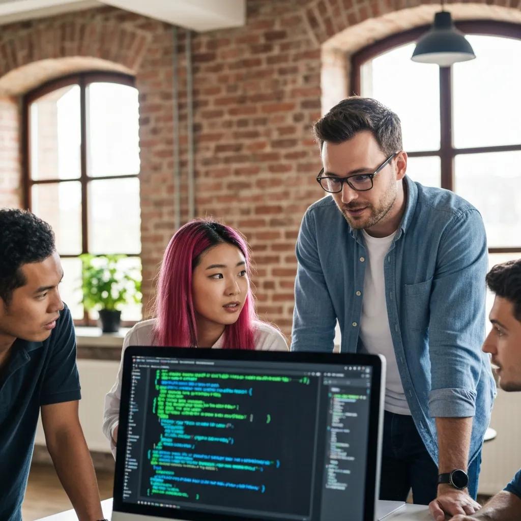 Software development team collaborating on quality assurance processes