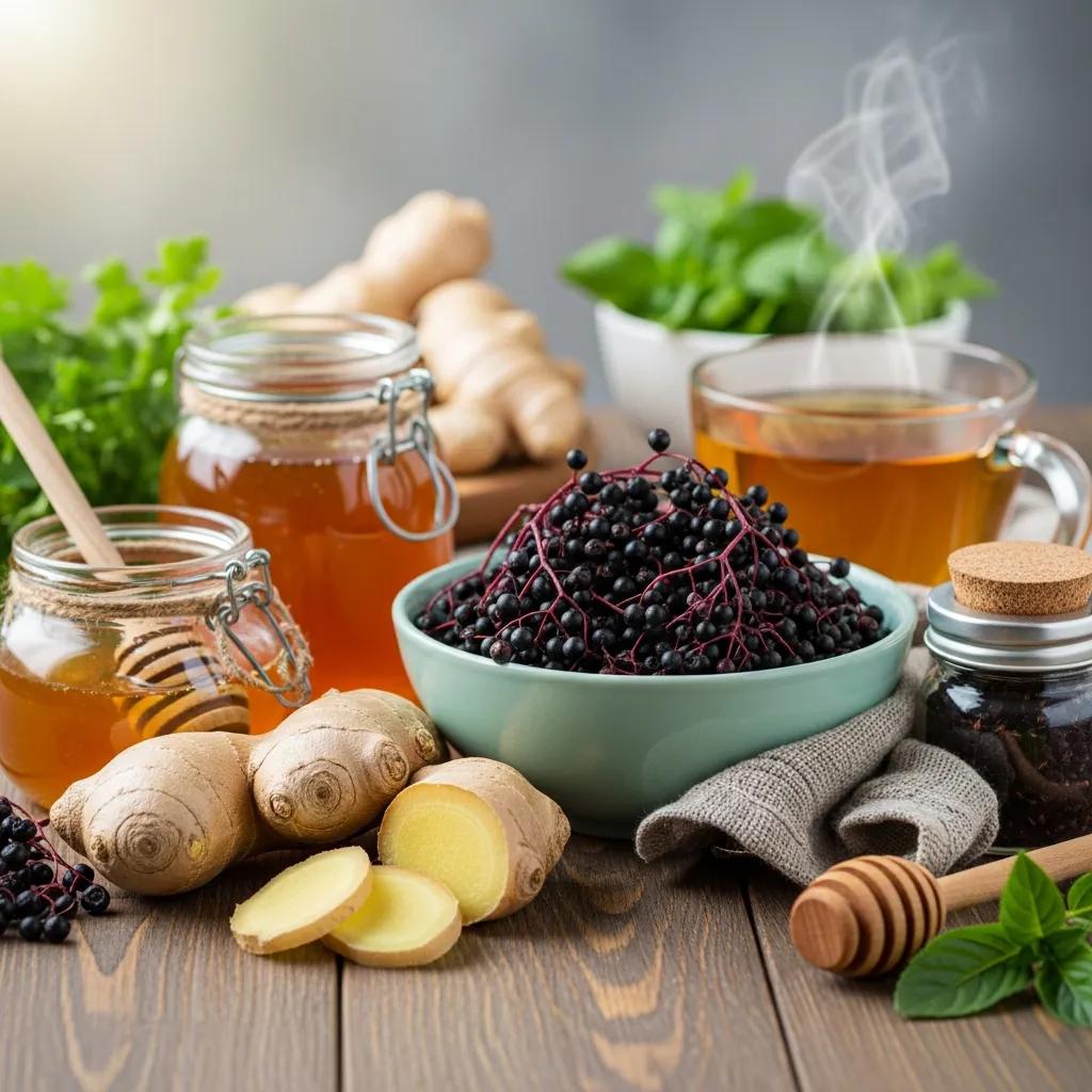 A collection of natural remedies including ginger, honey, and elderberry on a wooden table, symbolizing health and wellness