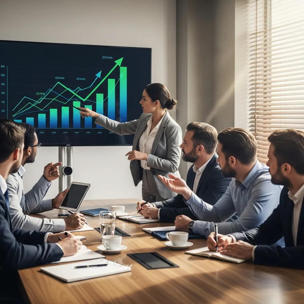 Business team discussing cost savings from cloud computing in a meeting room