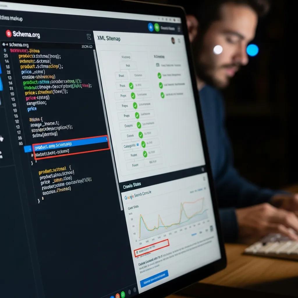 Close-up of a computer screen showcasing technical SEO elements for improved user experience