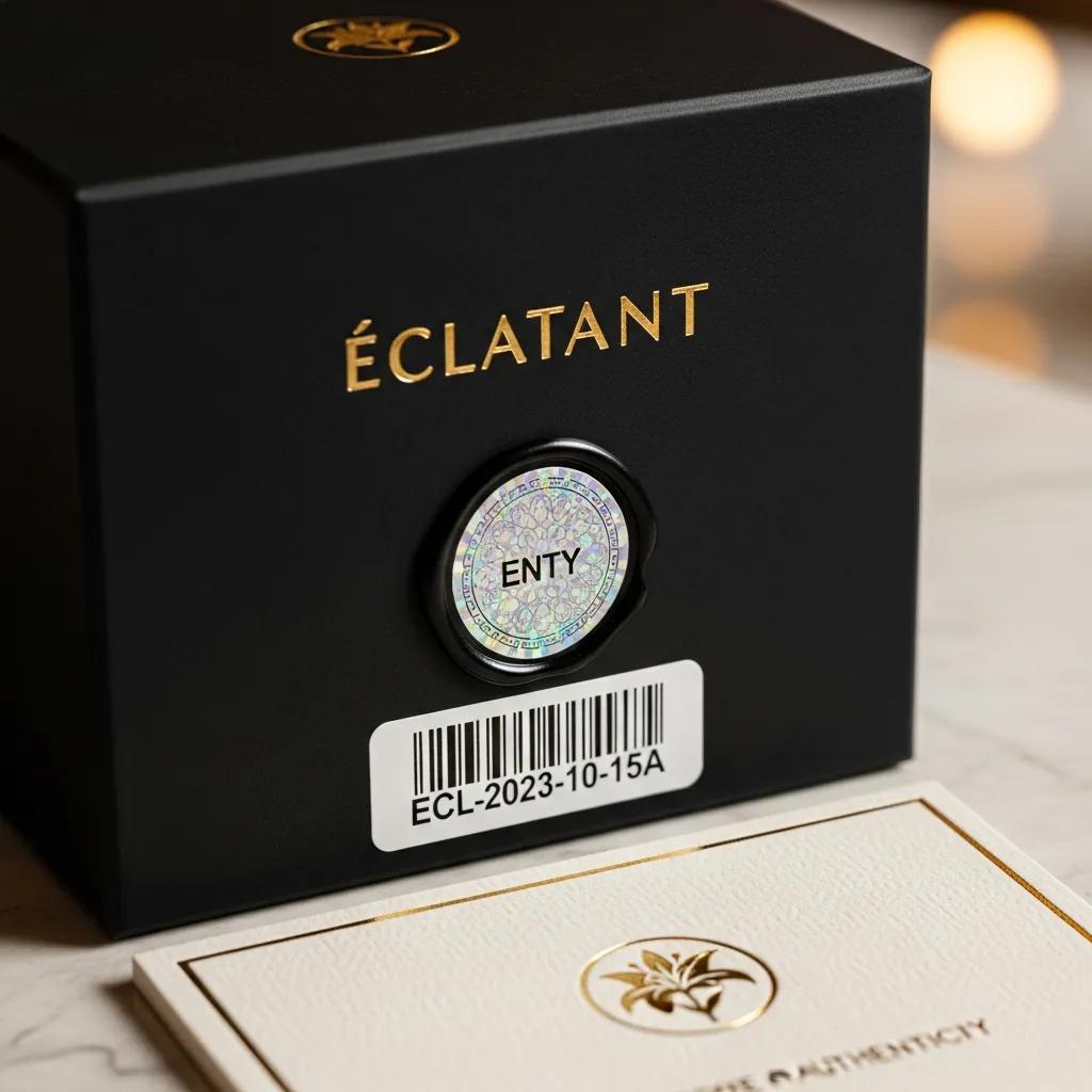 A close-up shot of a designer perfume bottle, clearly showing its sealed packaging and authenticity markers